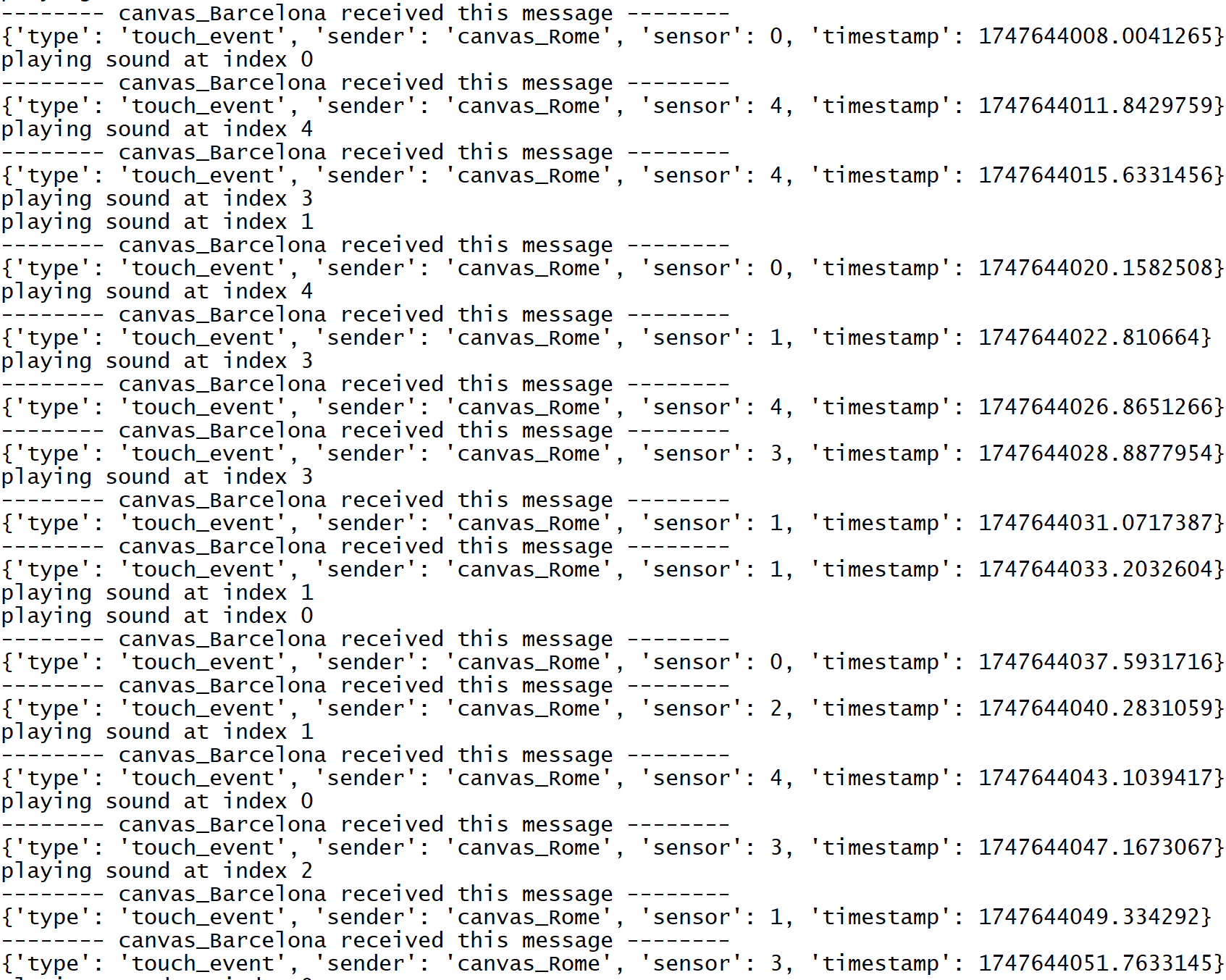 Terminal log of the Sounding Canvas in Barcelona, showing its connection as the second client and received touch events.