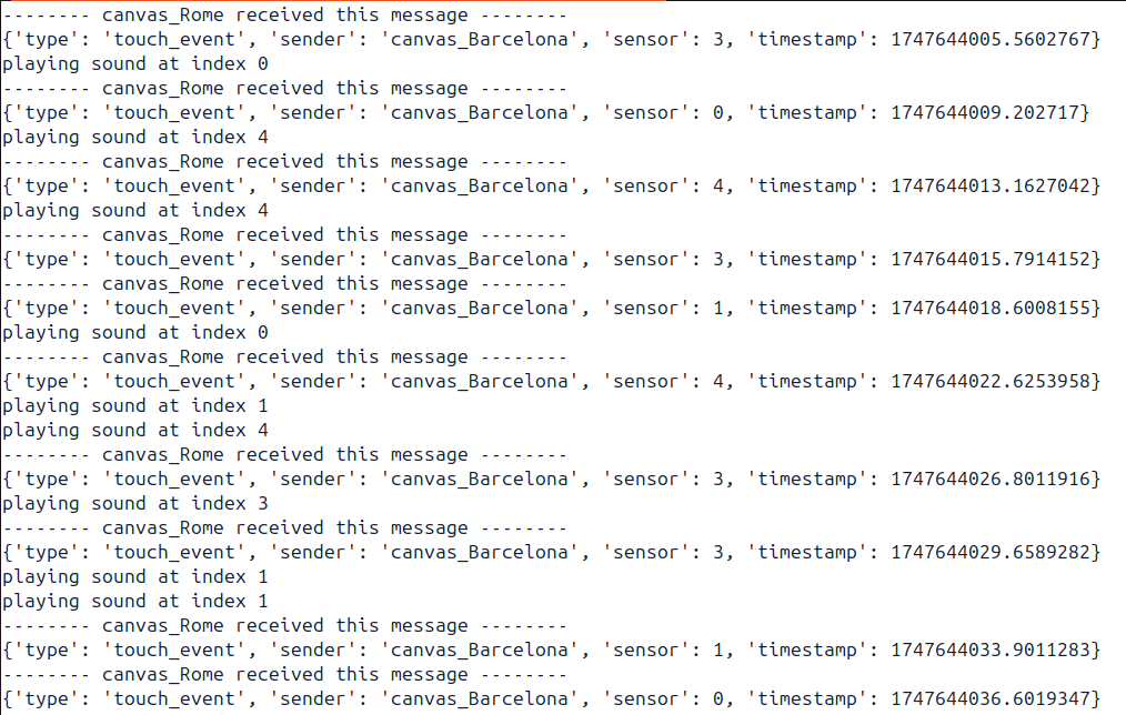 Terminal log of the Sounding Canvas in Rome, showing its connection as the first client and received touch events.