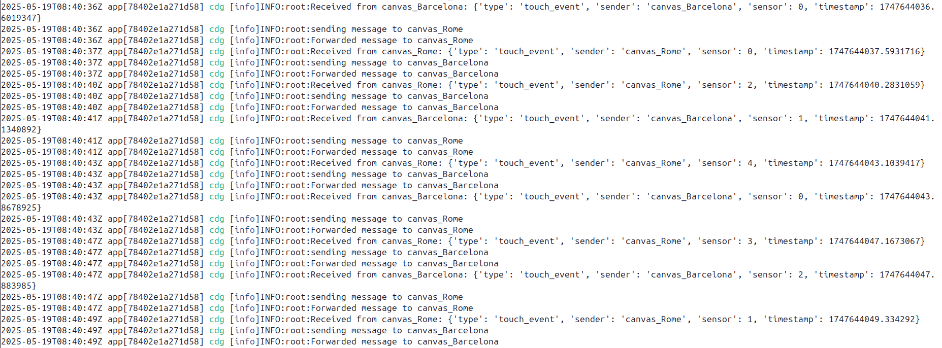 Terminal log of the central Python server, showing incoming client connections and the routing of touch events to all connected canvases.